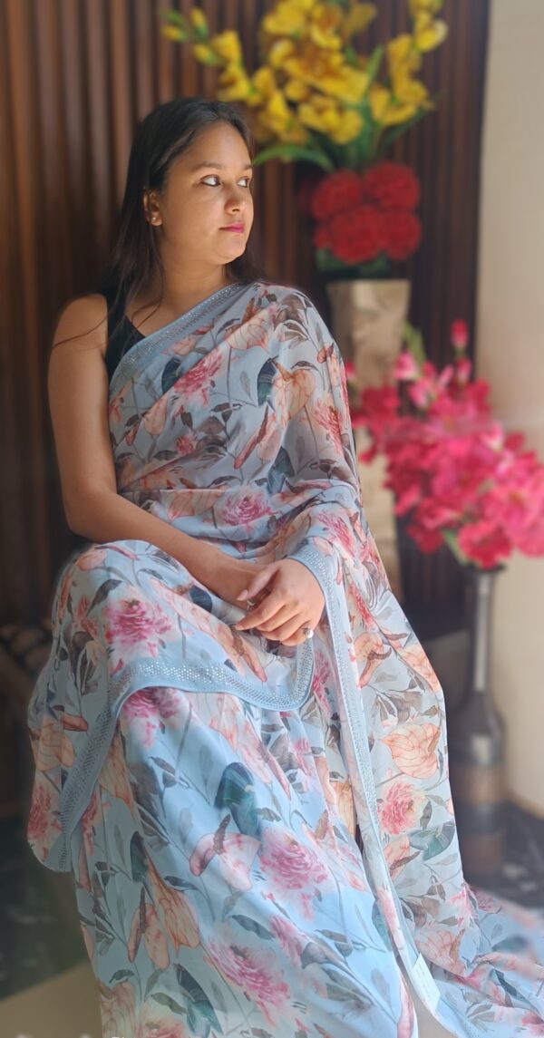 ~ Raahat ~ Ice Blue Georgette Saree - Image 5