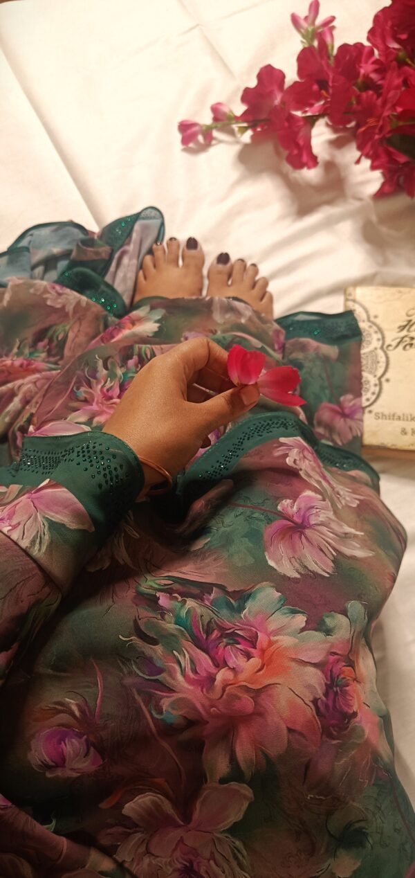 ~ Raahat ~ Rama Green Georgette Saree - Image 3