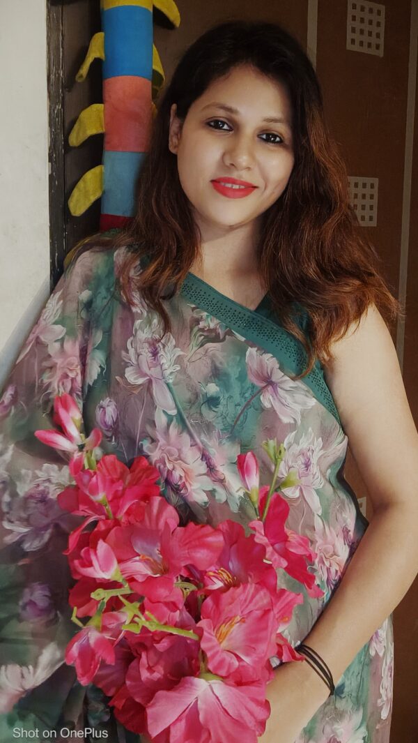 ~ Raahat ~ Rama Green Georgette Saree - Image 5