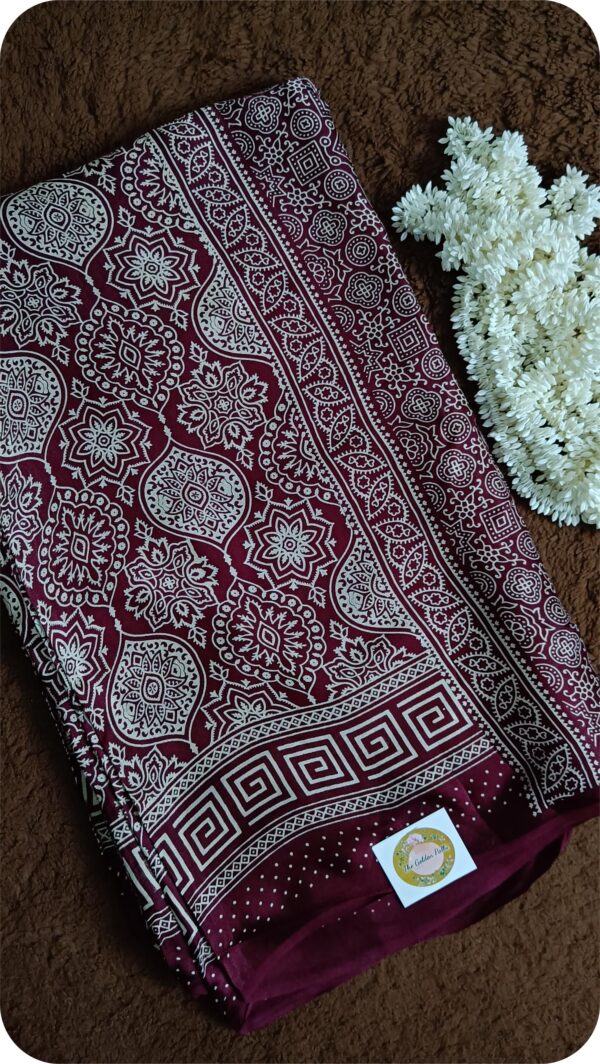 ~ Ajrakh ~ Maroon Semi Modal Silk Saree - Image 3