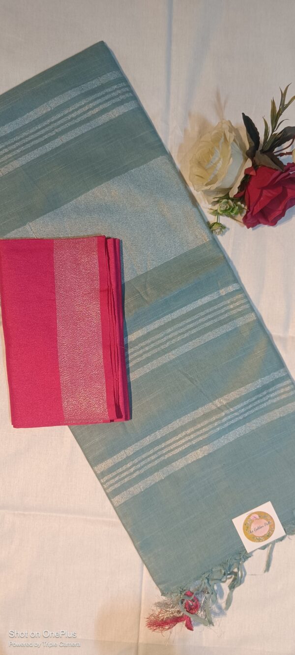 ~ Tehzeeb ~ Sea Green Linen Saree - Image 2