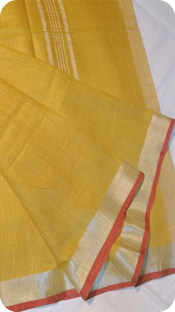 ~ Tehzeeb ~ Mustard Yellow Linen Saree - Image 3