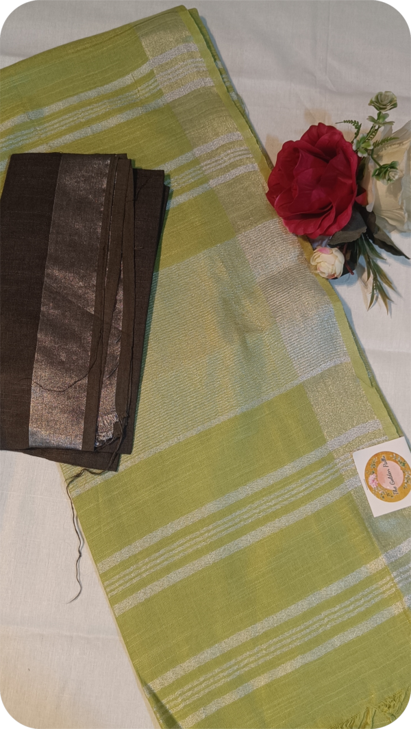 ~ Tehzeeb ~ Parrot Green Linen Saree