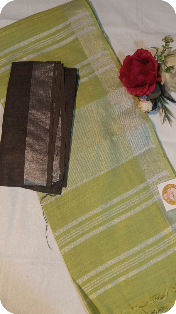 ~ Tehzeeb ~ Parrot Green Linen Saree - Image 4