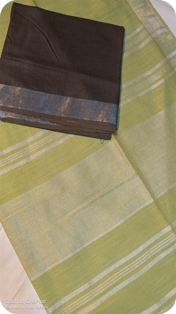 ~ Tehzeeb ~ Parrot Green Linen Saree - Image 2