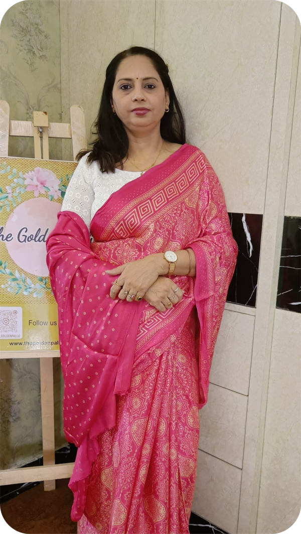 ~ Ajrakh ~ Rose Pink Semi Modal Silk Saree - Image 3