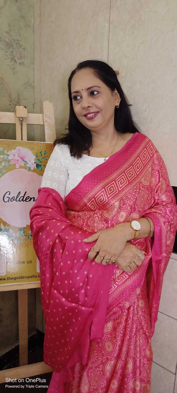 ~ Ajrakh ~ Rose Pink Semi Modal Silk Saree - Image 2