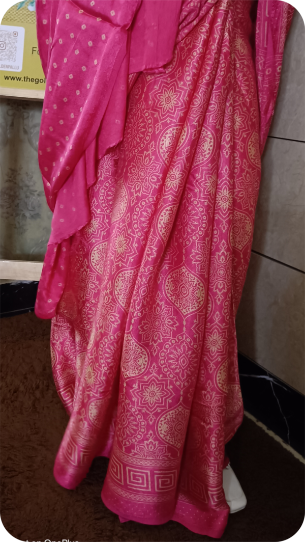 ~ Ajrakh ~ Rose Pink Semi Modal Silk Saree - Image 6