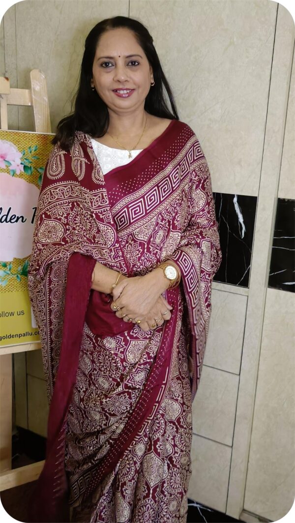~ Ajrakh ~ Maroon Semi Modal Silk Saree - Image 2