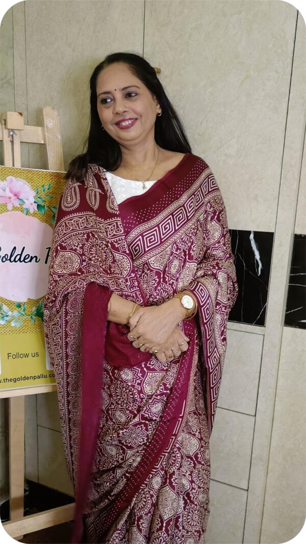 ~ Ajrakh ~ Maroon Semi Modal Silk Saree