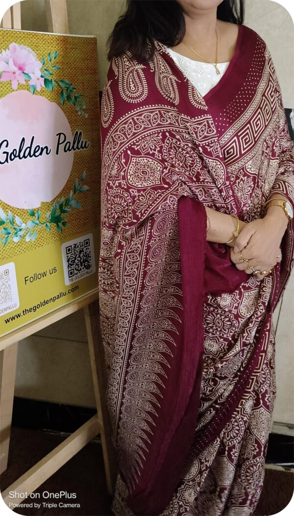 ~ Ajrakh ~ Maroon Semi Modal Silk Saree - Image 8