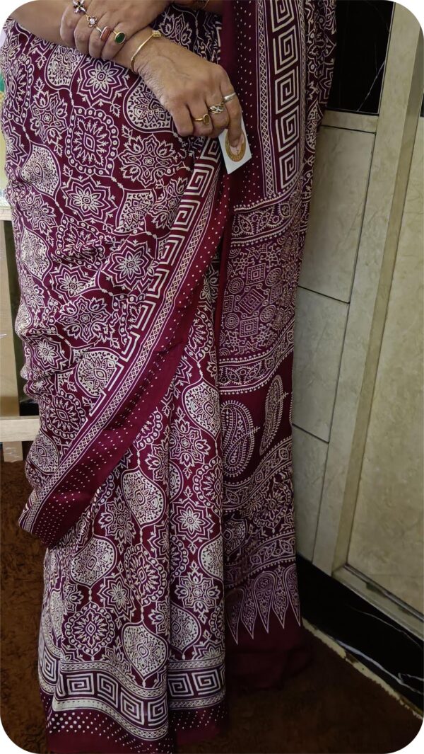~ Ajrakh ~ Maroon Semi Modal Silk Saree - Image 6