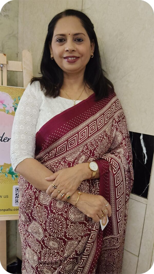 ~ Ajrakh ~ Maroon Semi Modal Silk Saree - Image 9