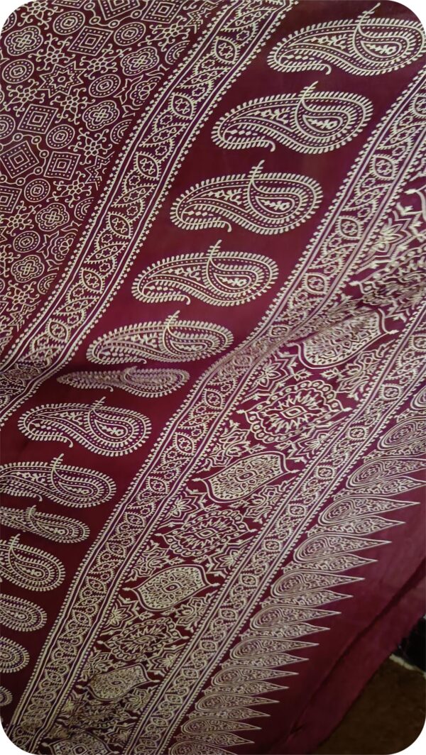 ~ Ajrakh ~ Maroon Semi Modal Silk Saree - Image 5