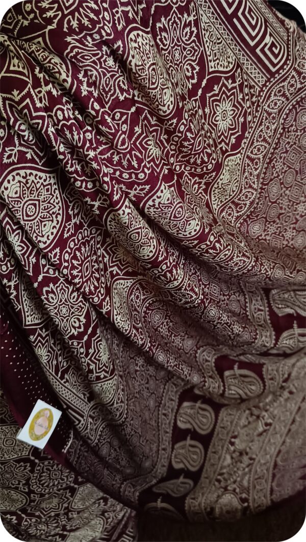 ~ Ajrakh ~ Maroon Semi Modal Silk Saree - Image 4