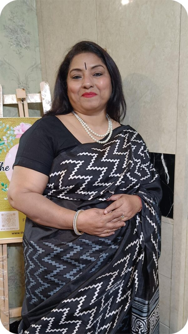~ Shakumbari ~ Black Zigzag Tusser Silk Saree - Image 2