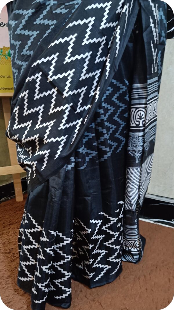 ~ Shakumbari ~ Black Zigzag Tusser Silk Saree - Image 5