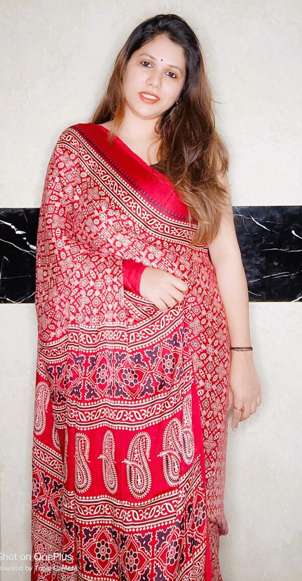 ~ Ajrakh ~ Red Modal Silk Saree - Image 6