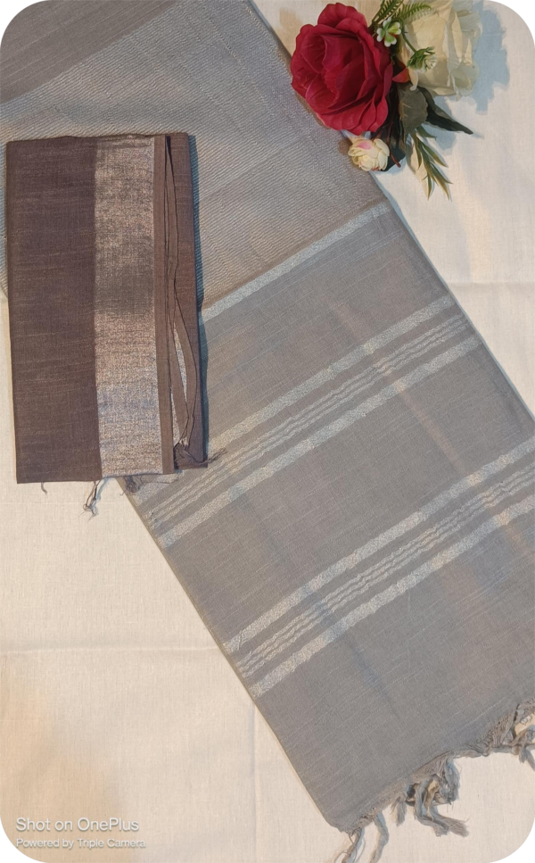 ~ Tehzeeb ~ Silver Linen Saree - Image 4