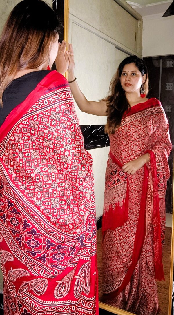 ~ Ajrakh ~ Red Modal Silk Saree - Image 2