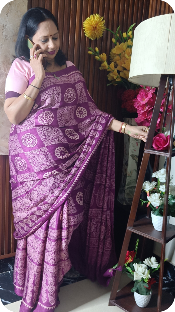 ~ Ajrakh ~ Wine Semi Modal Silk Saree - Image 3