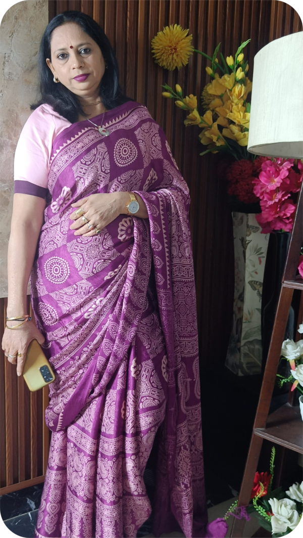 ~ Ajrakh ~ Wine Semi Modal Silk Saree - Image 4