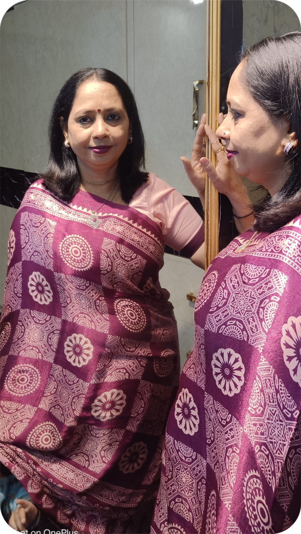 ~ Ajrakh ~ Wine Semi Modal Silk Saree - Image 5