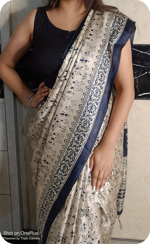 ~ Manorama~ Off White Cotton Silk Saree with Blue border - Image 8