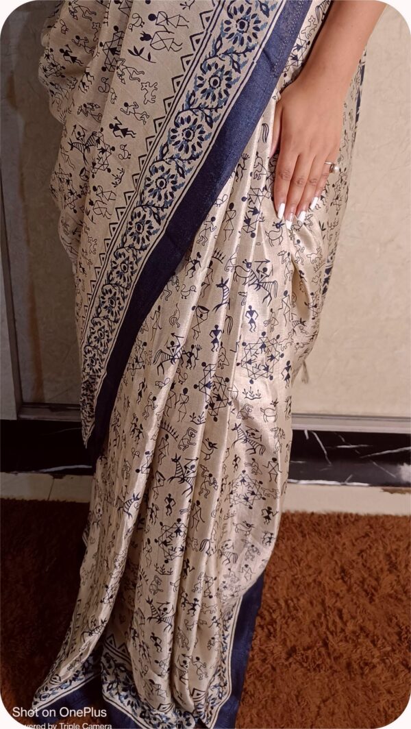 ~ Manorama~ Off White Cotton Silk Saree with Blue border - Image 4