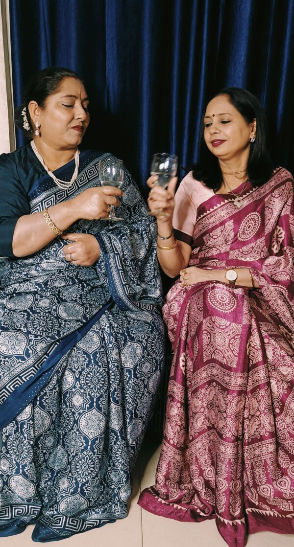 ~ Ajrakh ~ Wine Semi Modal Silk Saree - Image 7