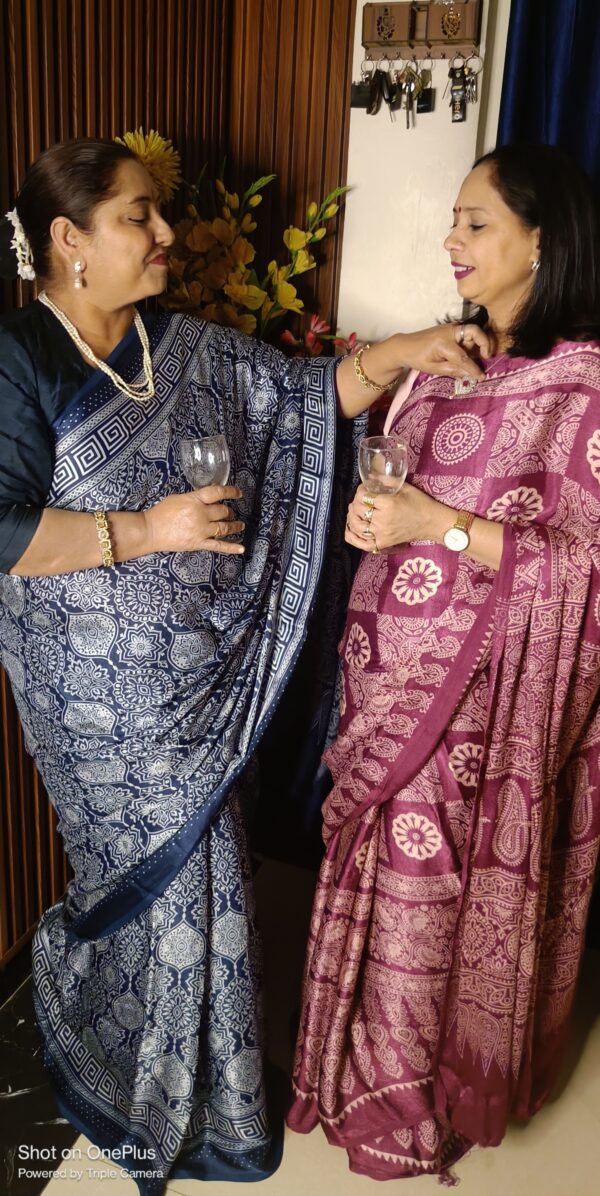 ~ Ajrakh ~ Wine Semi Modal Silk Saree - Image 8