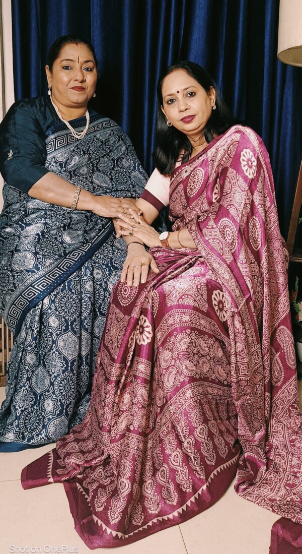 ~ Ajrakh ~ Wine Semi Modal Silk Saree - Image 6
