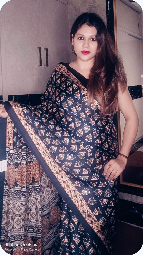 ~ Aaina ~ Black Ajrakh Satin Silk Mirror work Saree