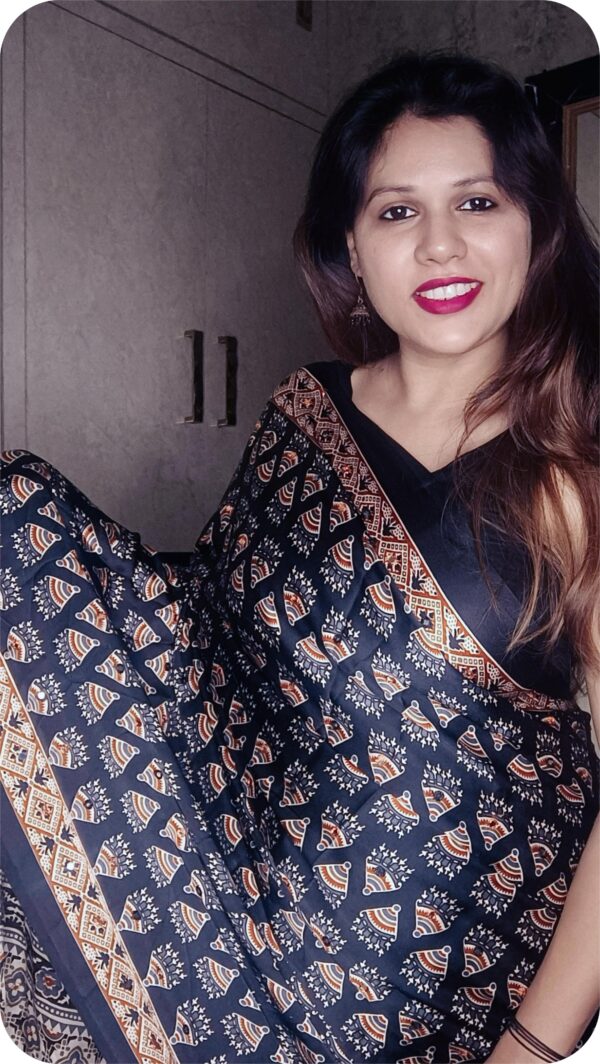 ~ Aaina ~ Black Ajrakh Satin Silk Mirror work Saree - Image 2
