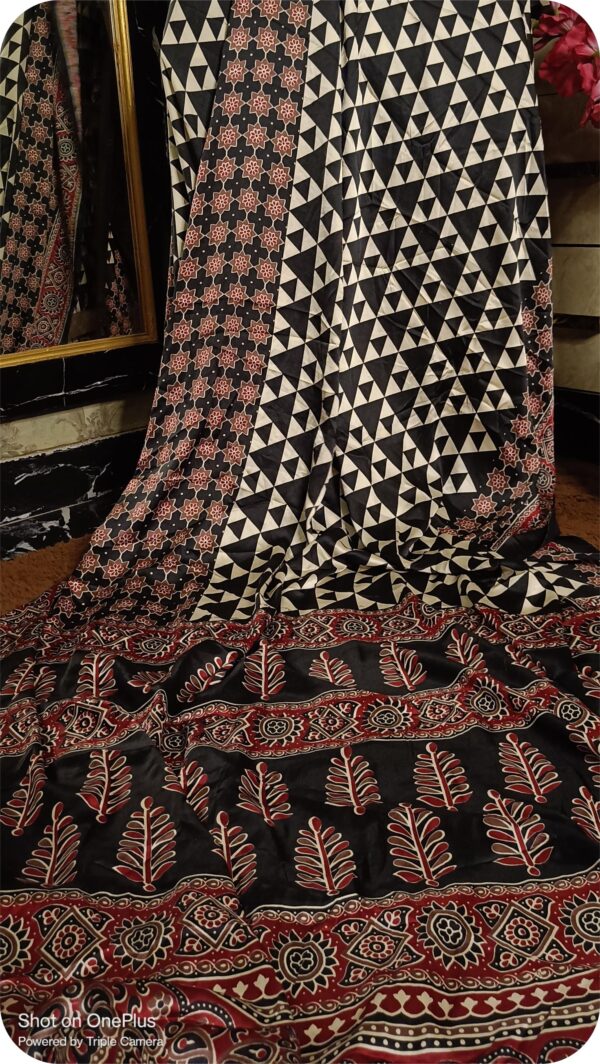 ~ Ajrakh Jaal ~ Black & White Satin Silk Saree - Image 3