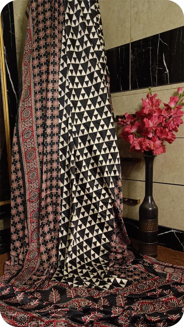 ~ Ajrakh Jaal ~ Black & White Satin Silk Saree