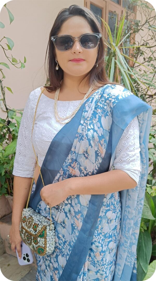 ~ Gul Bahaar ~ Sea Blue Crepe Saree - Image 3
