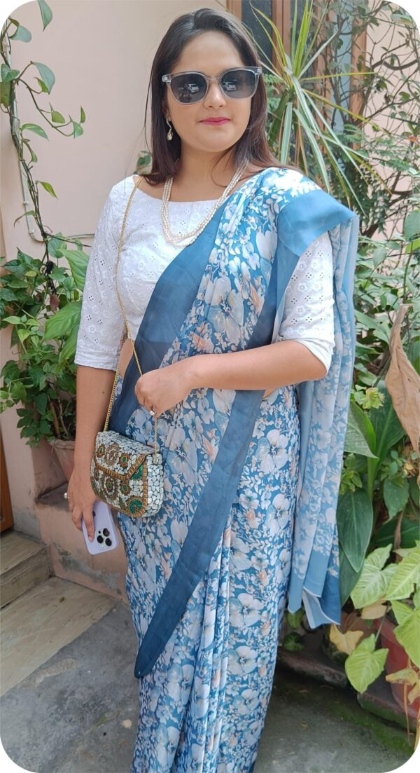 ~ Gul Bahaar ~ Sea Blue Crepe Saree