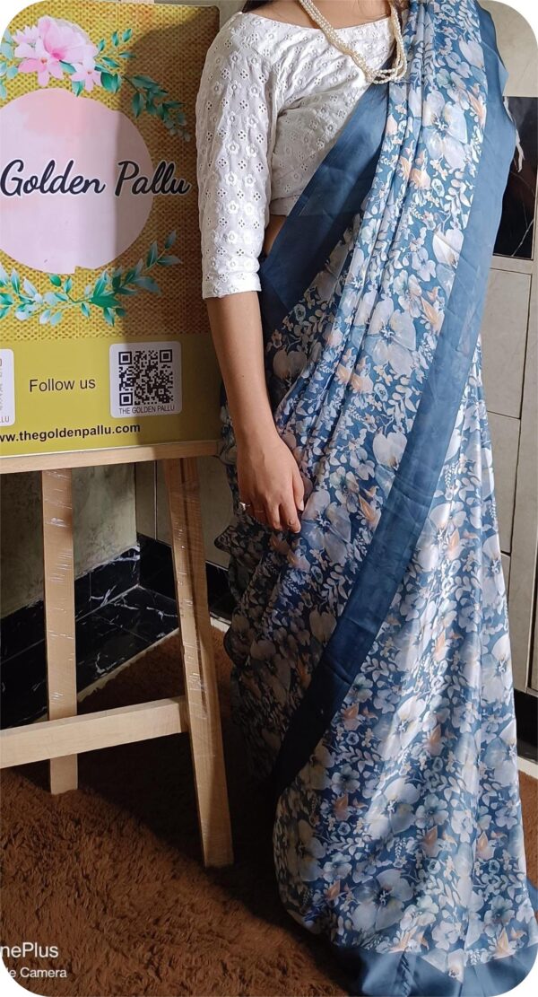 ~ Gul Bahaar ~ Sea Blue Crepe Saree - Image 6