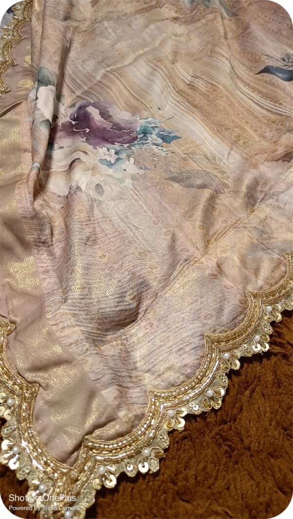 ~Nazakat ~ Beige Golden Brasso Saree - Image 5