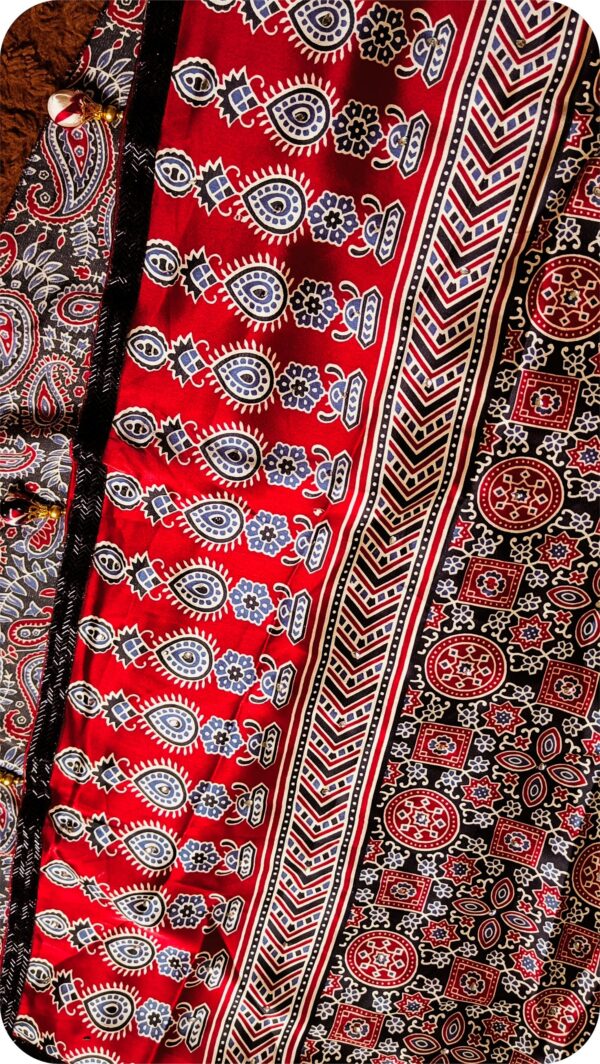 ~ Ajrakh Jaal ~ Brick Red Satin Silk Saree - Image 3