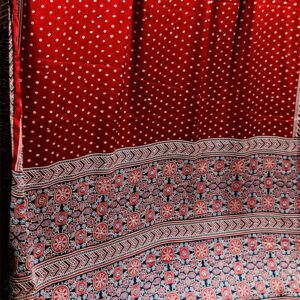 ~ Ajrakh Jaal ~ Brick Red Satin Silk Saree