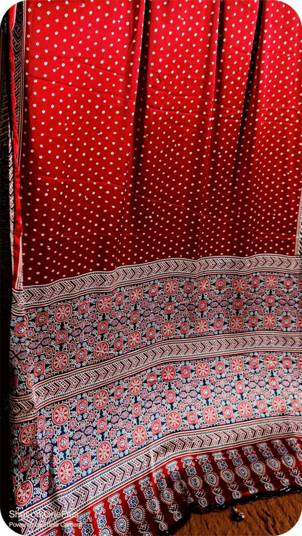 ~ Ajrakh Jaal ~ Brick Red Satin Silk Saree - Image 6