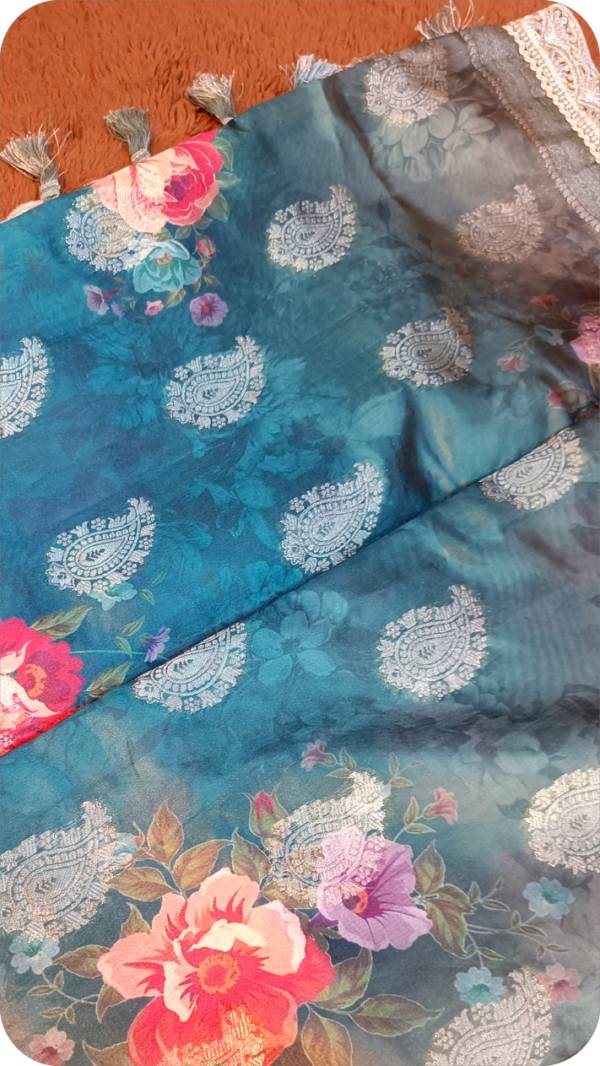 ~NoorJehan ~ Bottle Green Organza Saree - Image 5