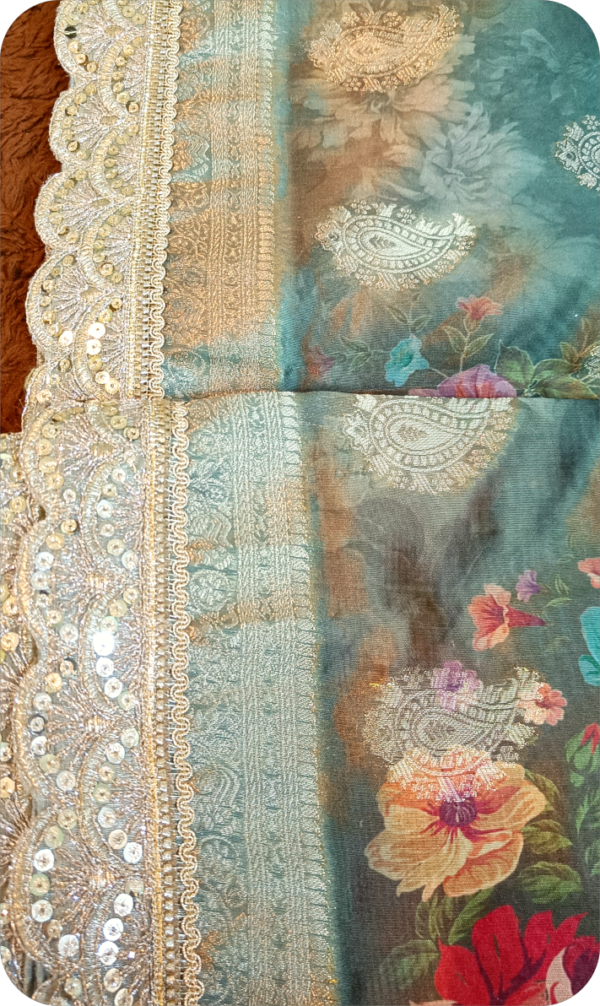 ~NoorJehan ~ Bottle Green Organza Saree - Image 6