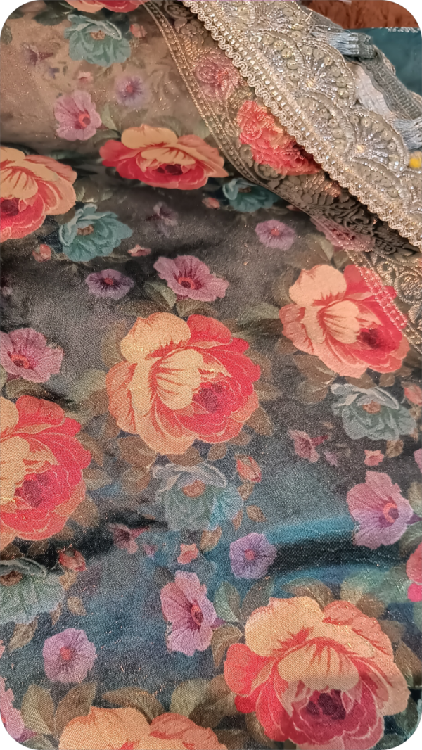 ~NoorJehan ~ Bottle Green Organza Saree - Image 10