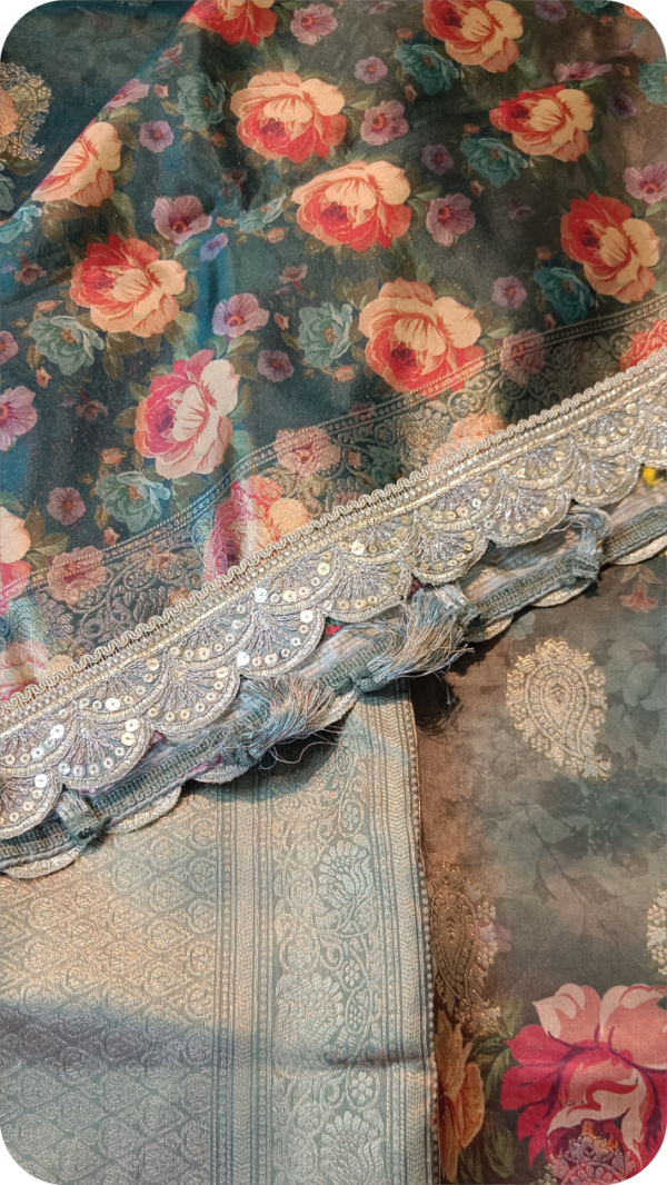 ~NoorJehan ~ Bottle Green Organza Saree - Image 11