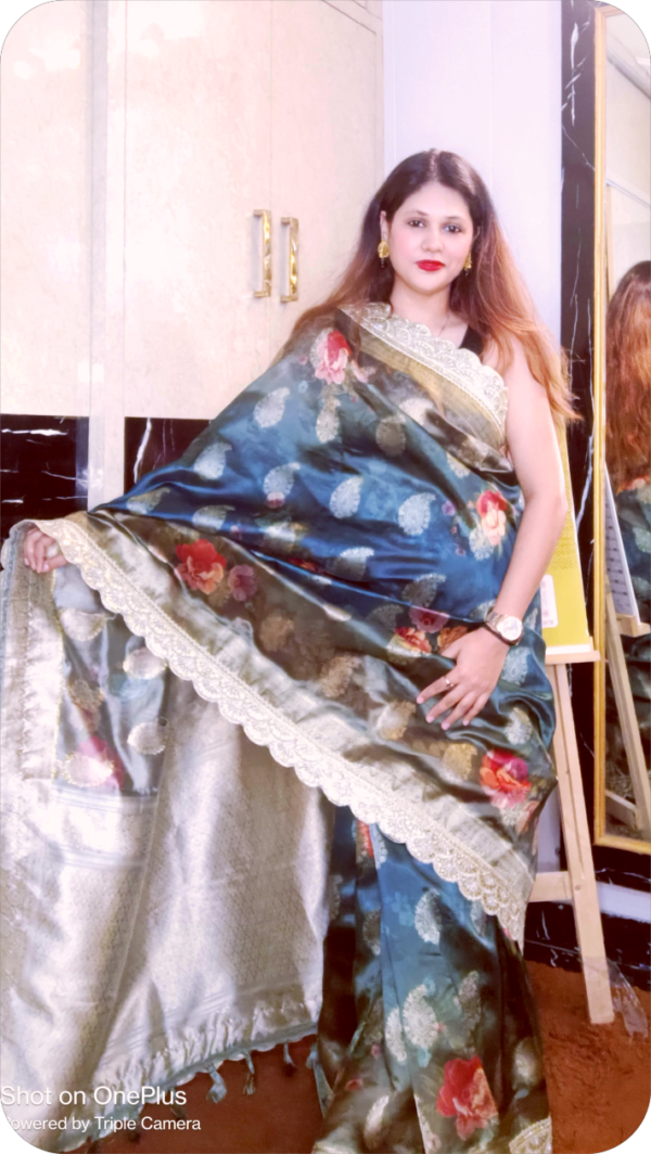 ~NoorJehan ~ Bottle Green Organza Saree - Image 2