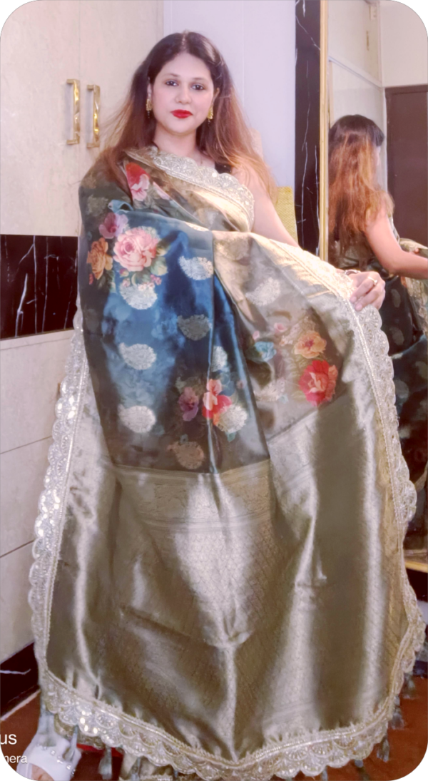 ~NoorJehan ~ Bottle Green Organza Saree - Image 3