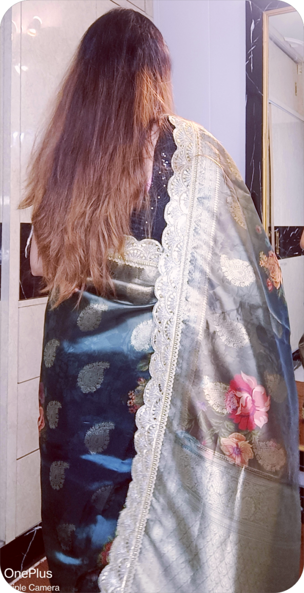 ~NoorJehan ~ Bottle Green Organza Saree - Image 4